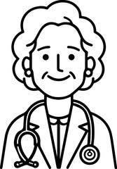 Obraz premium Hand Drawn Elderly Female Doctor Black and White Illustration in Minimal Line Art Style Design