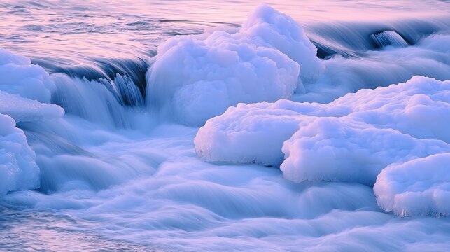 verglas. Landscape of a melting river breaking through ice in morning light. travel magazines, destination branding, designed for outdoor magazines and nature guides, drives exploration.