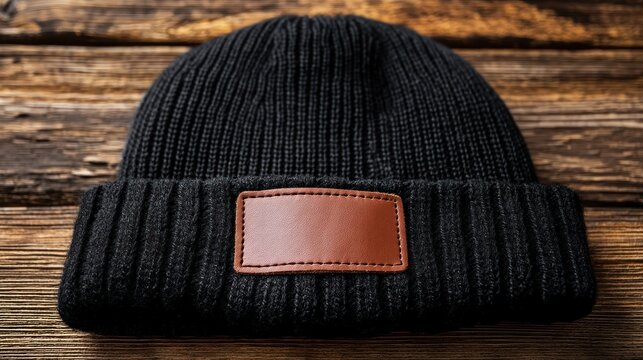 Black knit hat with leather patch on wooden background