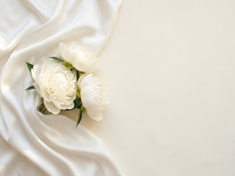 Three delicate white peonies elegantly draped on luxurious cream silk fabric soft lighting and copy space