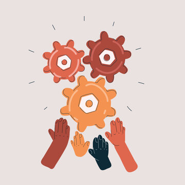 Cartoon vector illustration of hands reaching for gears and cogs, symbolizing problem-solving, creativity, and interaction with mechanisms