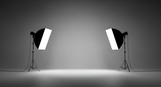 professional studio lighting setup with two softbox lights on tripods facing each other creating a soft illuminated space, photography equipment, creative environment