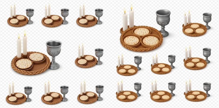 Seamless pattern of Passover Seder plate elements with matzah, candles, and kiddush cup for Jewish holiday celebration.