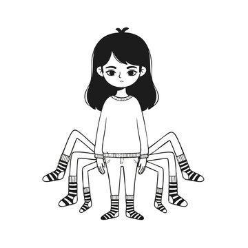 Young girl with eight spider legs wearing striped socks line art