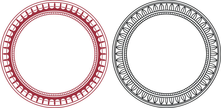 Classic circular frame set with geometric patterns, red and black vintage round border vector for luxury labels, official seal, decoration.