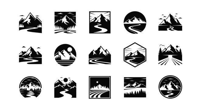 Collection of black and white mountain logo designs in various shapes and styles featuring minimalist illustrations of peaks forests and trails for branding and design projects