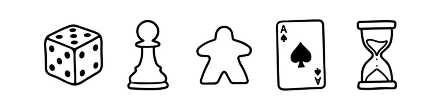 Hand-drawn set of board game icons featuring a dice, chess pawn, meeple, ace of spades, and hourglass. Minimalist black and white doodle style perfect for gaming and hobby-themed projects.