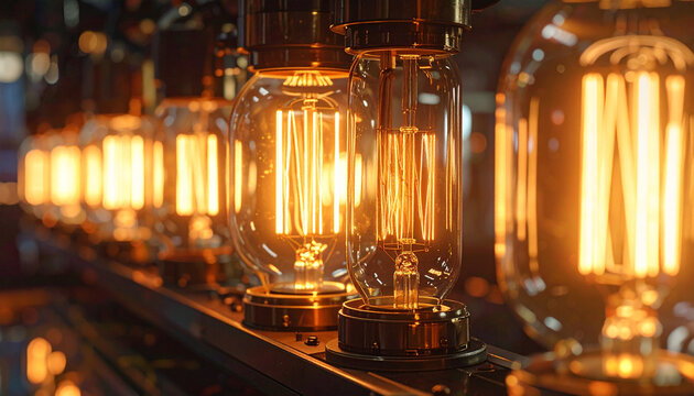 Vintage light bulbs illuminated in a row