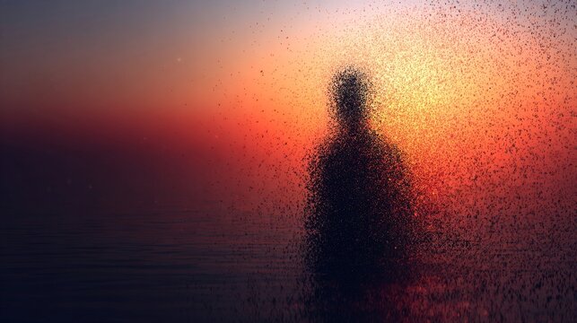 Abstract Person Dissolving Into Particles Against A Warm Sunset Sky