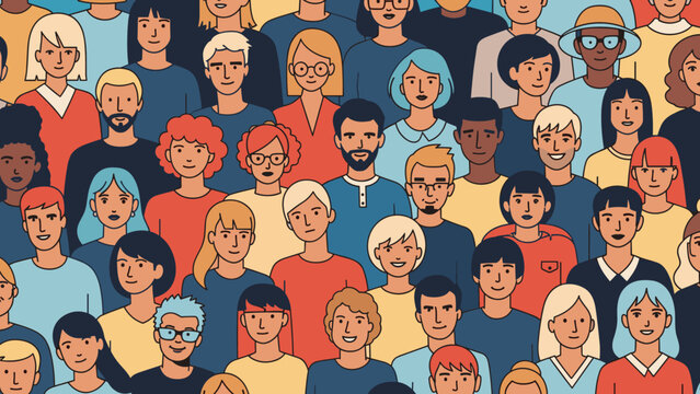 Large group of diverse people with different ethnicities and hairstyles representing a community, crowd, or target audience.