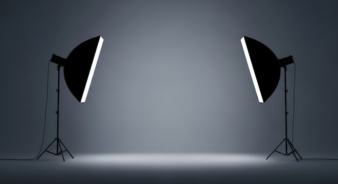 professional photography studio setup with two softbox lights and a gray gradient background, ideal for product shoots or portraits