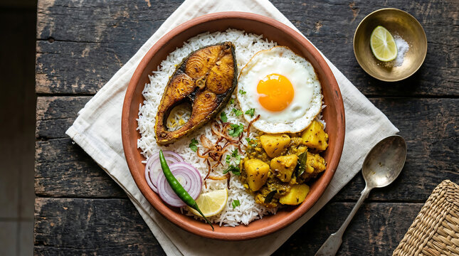 Happy Pohela Boishakh, Traditional Bengali Meal - Fried Ilish, Rice, Egg, and Potatoes