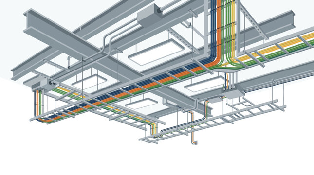 Industrial Cable Management System with Multicolored Wiring and Ceiling Infrastructure Illustration