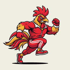 Energetic muscular cartoon rooster mascot in red tracksuit running with determination, a strong athletic animal character for sports and fitness
