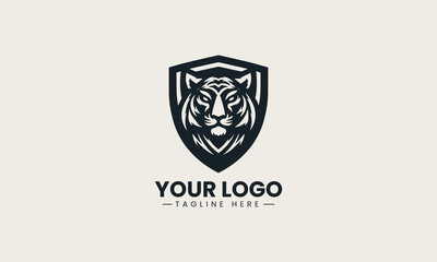 Obraz premium Black tiger head inside shield shape is presented as strong monochrome vector logo on clean white background for sports and security branding use