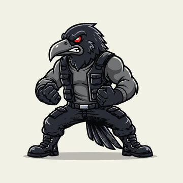 Fierce cartoon crow mascot character in tactical gear. Strong black raven with red eyes, clenched fists, and combat boots. Vector illustration.