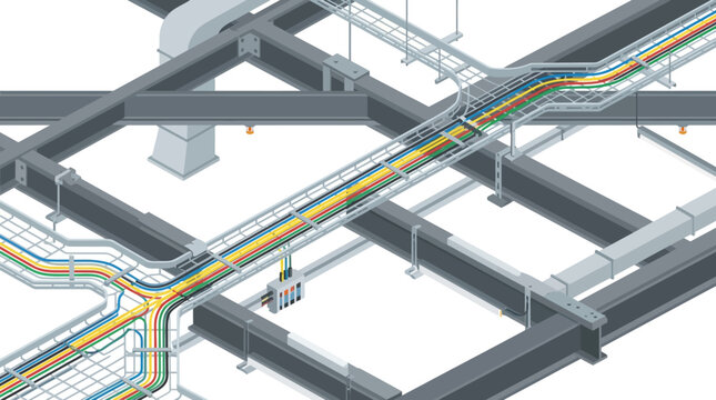 Isometric Illustration of Industrial Infrastructure with Electrical Cable Trays, HVAC Ducts, and Structural Steel Beams on White Background