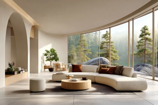Minimalist living room with curved sofa and large windows overlooking forest and natural rockscape