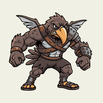 Muscular cartoon bird warrior with eagle head, wings, and ancient armor. Fierce anthropomorphic fantasy character mascot.