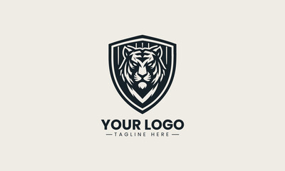 Obraz premium Black tiger head inside shield shape is presented as strong monochrome vector logo on clean white background for sports and security branding use