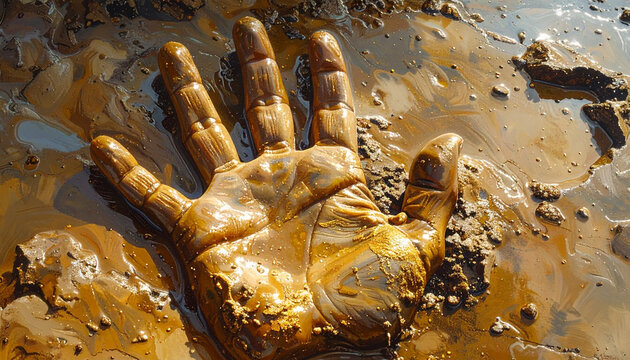 Hand imprint in mud symbolic concept