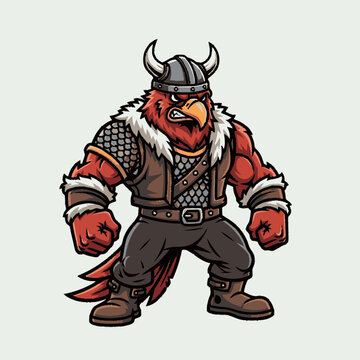 Mighty red bird character in Viking warrior attire with horned helmet and fur, strong cartoon mascot illustration