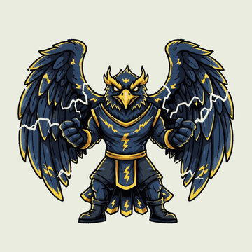 Powerful mythical eagle mascot illustration with lightning bolts and armor, strong dark avian creature, fantasy bird art.