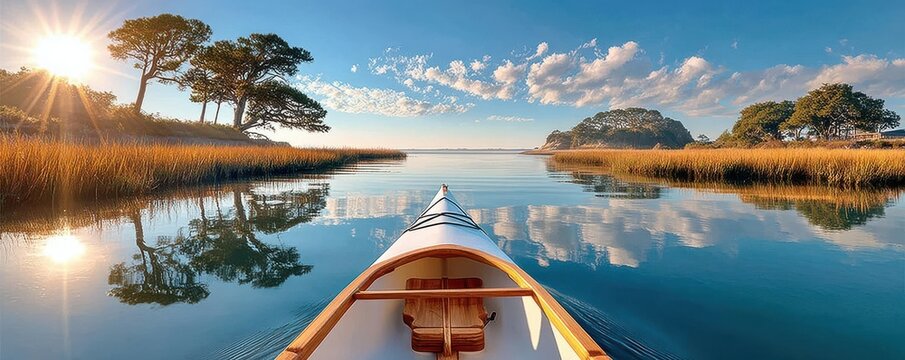 Kayak gliding through calm marsh at sunrise with golden light and reflective water