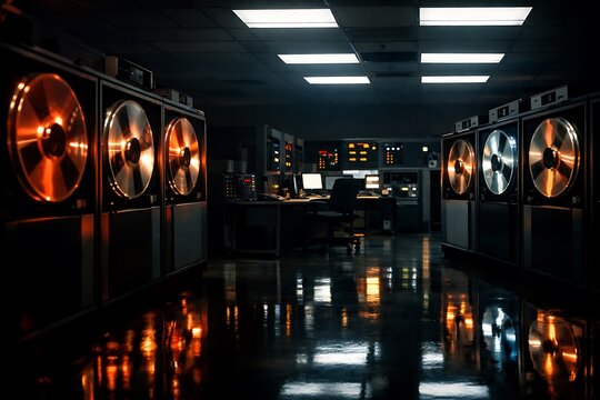 Retro Mainframe Computer Room with Vintage Tape Drives