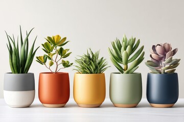 Naklejka premium Row of colorful potted plants and succulents in modern ceramic pots on white table