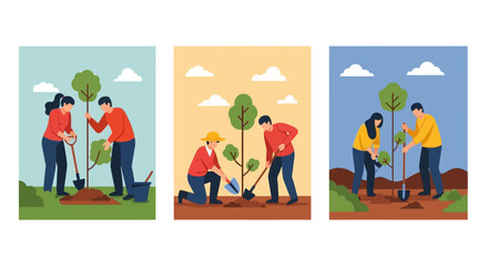 Fototapeta premium Gardening and planting trees outdoors - a series of illustrations depicting people engaged in eco-friendly activities and promoting environmental awareness
