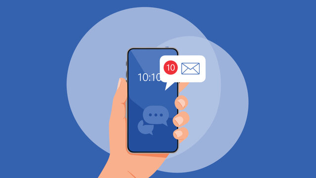 Hand holding a blue smartphone with a speech bubble and an email icon showing ten new messages on a blue background.