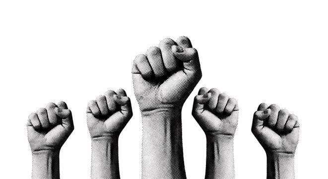 Four raised fists in solidarity and strength PNG isolated on transparent background