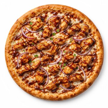 BBQ H&auml;hnchenpizza mit Mozzarella und roten Zwiebeln auf Weiss
Ganze BBQ H&auml;hnchenpizza mit H&auml;hnchenst&uuml;cken, Mozzarella, roten Zwiebeln und Barbecuesauce, freistehend auf weiss und detailreich fotografi