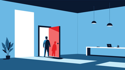 Fototapeta premium Man walking towards a bright light through an open door in a minimalist room representing hope, success, and new opportunities.