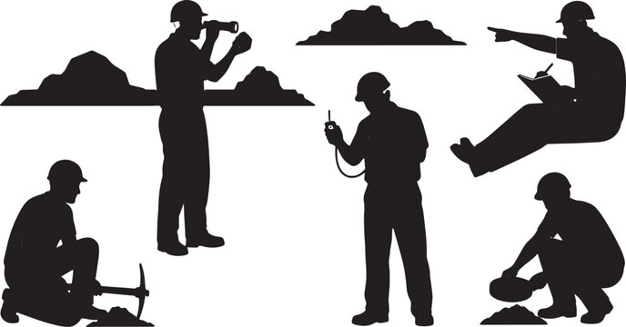 Black Solid Geology Earth Scientist Silhouettes Set of Six on White Background