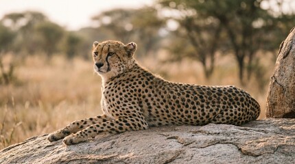 wild cheetah resting in the dry grass of the African savanna. © Omishu Makes