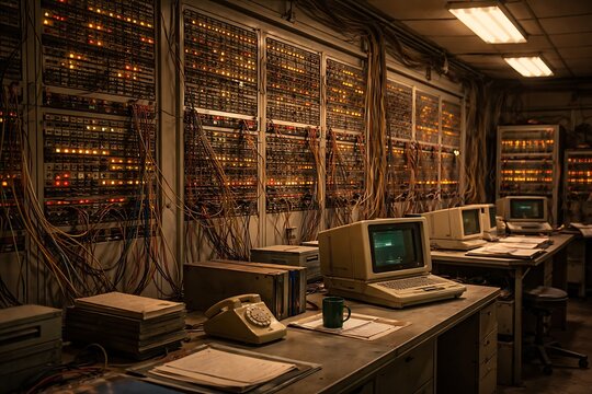 Vintage Server Room with Retro Computers and Intricate Wiring