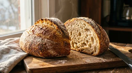 Fototapeten Brot Two loaves of artisan, crusty bread sitting on a wooden board.  © Omishu Makes