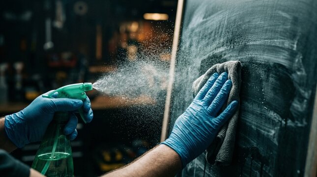 Cleaning the Chalkboard: A person diligently sanitizes a chalkboard, with gloves and spray bottle and cleaning cloth.