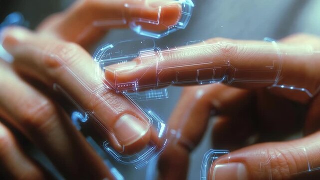 Close-up of hands touching glowing holographic elements in futuristic digital style on blurred background, concept of innovation
