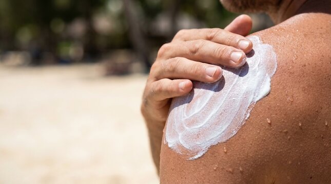 A hand applying white sunscreen cream onto another person's shoulder at the beach.