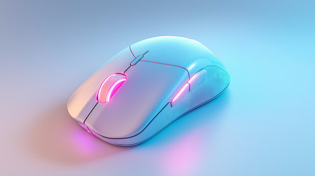 A modern computer mouse glows with pink and blue light on a neutral background