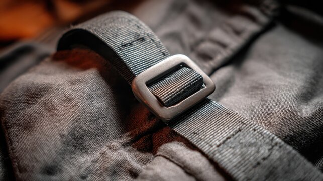 Brushed metal seatbelt buckle tongue on a dark fabric strap, a safety mechanism for vehicles.