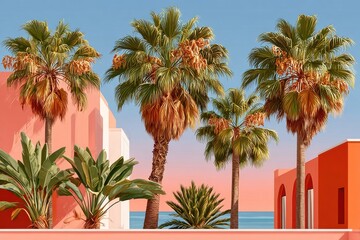 Fototapeta premium Sunset palms and pink sky above pastel Mediterranean buildings by the ocean