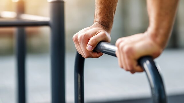 Close-up of hands gripping outdoor parallel bars during a calisthenics workout.