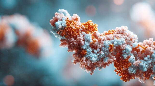 Intricate 3D rendering of a complex protein molecule structure with vibrant orange and blue elements