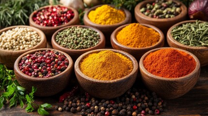 Wooden bowls filled with vibrant spices and herbs are arranged on the table, showcasing the richness of flavours and natural ingredients, providing the perfect backdrop for food photography.