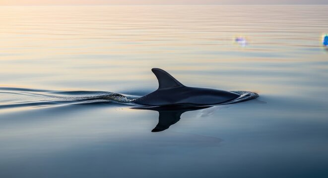 Dolphin's dorsal fin slices smoothly through calm ocean waters at sunset, showcasing its graceful movement and tranquil reflection.