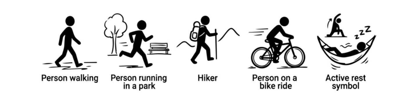 Set of minimalist black stick figure icons for outdoor activities: walking, running, hiking, cycling, and active rest in a hammock. Ideal for fitness, wellness, and healthy lifestyle designs.